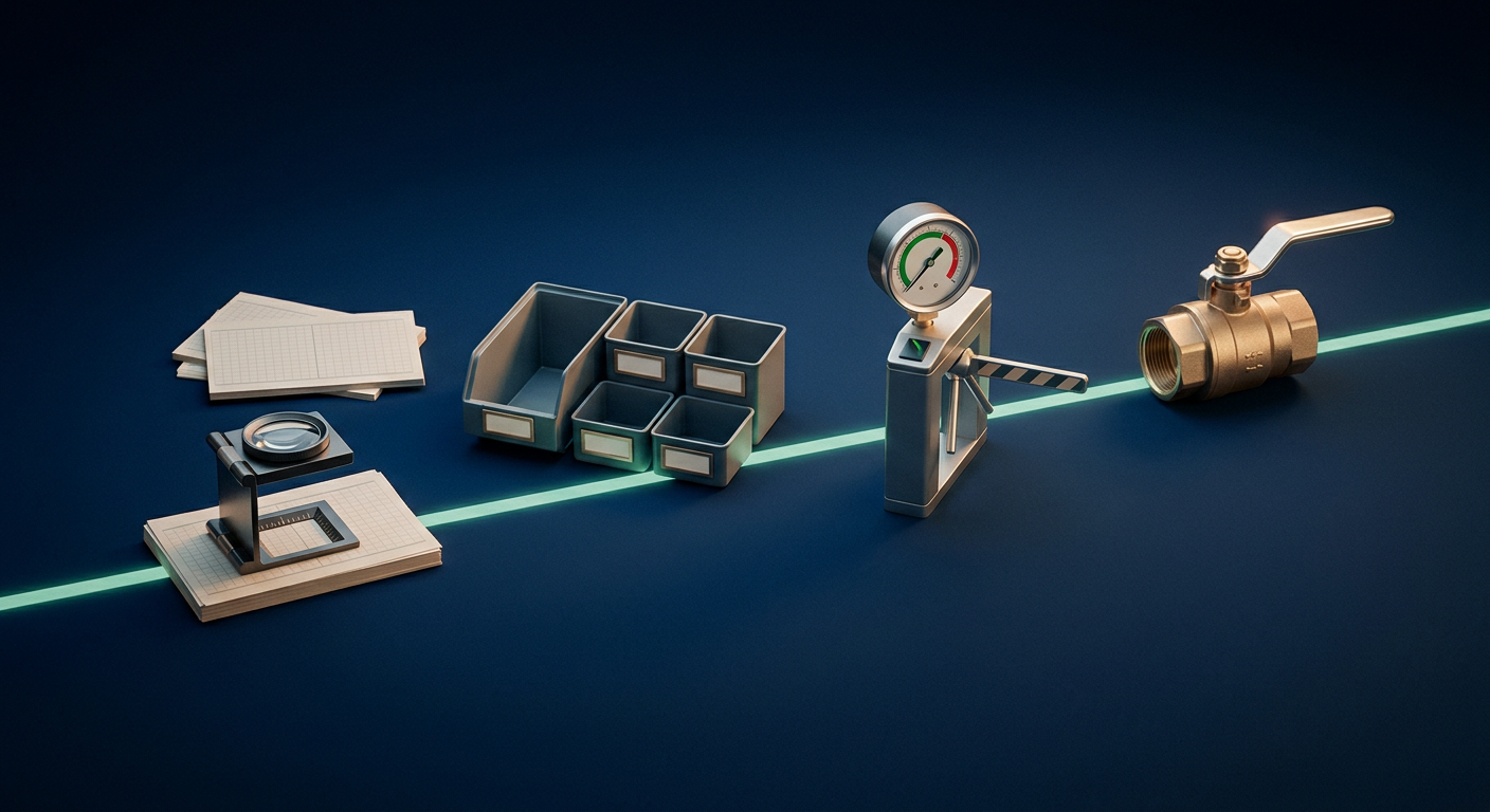 Four distinct modular tools arranged left to right and linked by a glowing line, representing the extract, classify, verify and execute stages of a staged AI pipeline.