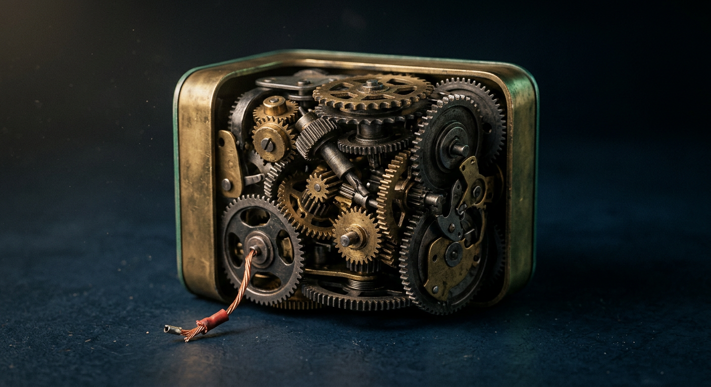 A single overstuffed brass gearbox jammed with too many mismatched gears, representing an overloaded AI workflow step doing four jobs at once.