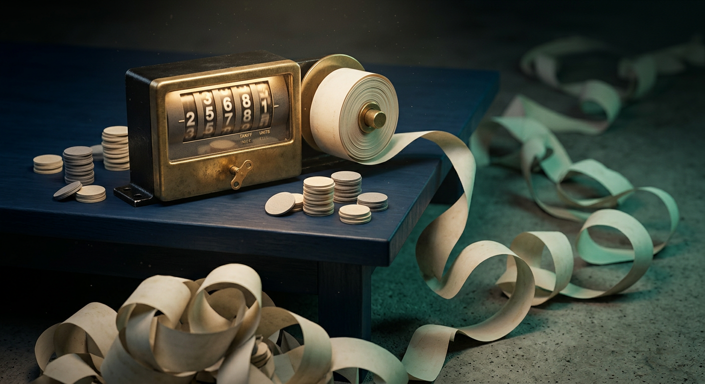 A running meter with spinning dials beside an endlessly unspooling receipt tape, illustrating how AI token costs and re-billed context quietly compound.