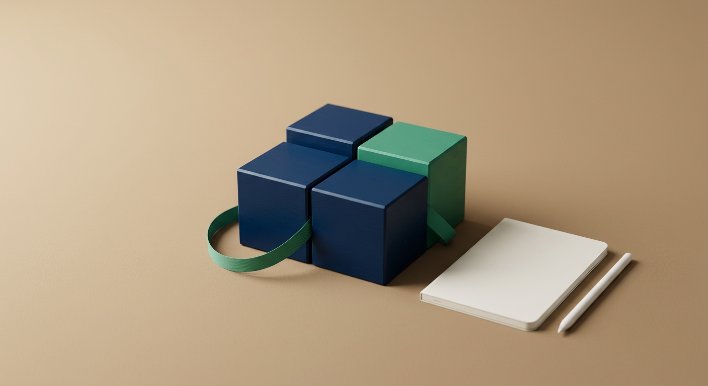 Four modular blocks fitting together and wrapped by a green looping cord beside a minimalist notebook, representing a lightweight eval harness with a repeatable loop.