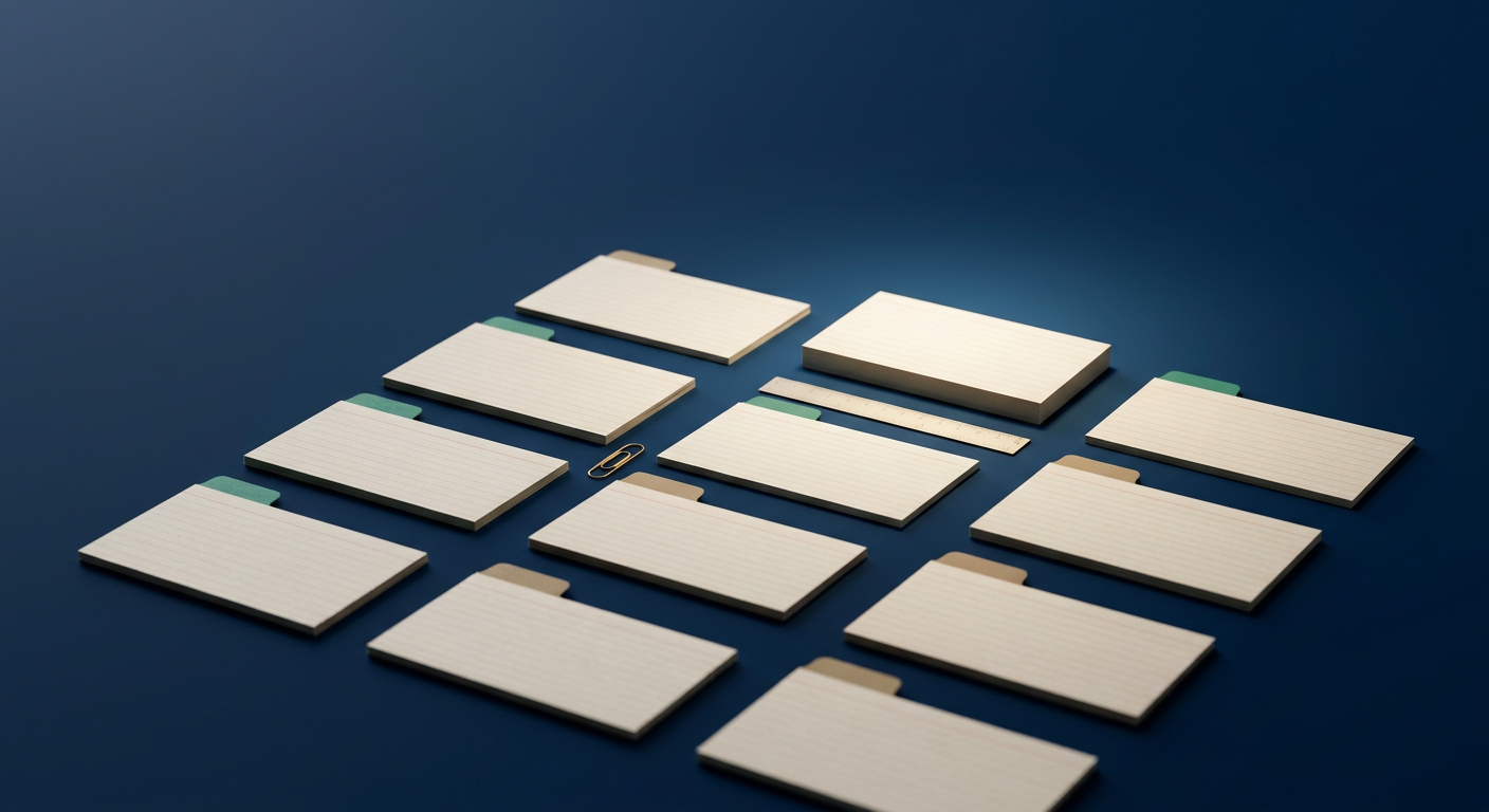 A neat grid of blank index cards on a deep blue surface with green and sand color-coded tabs, representing a fixed set of test cases.