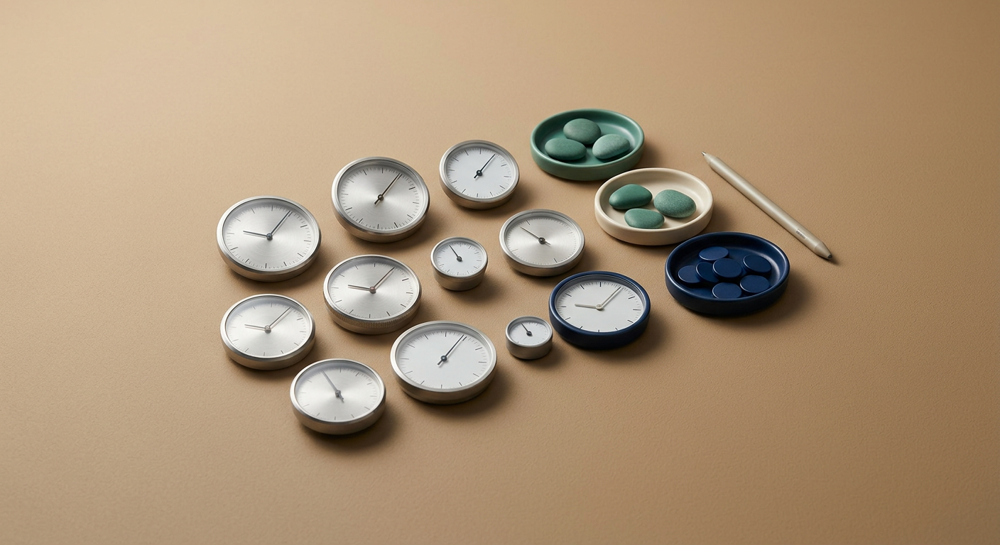 Several small analog dials and sorting trays with green and blue tokens on a sand surface, representing a multi-dimensional scoring rubric.