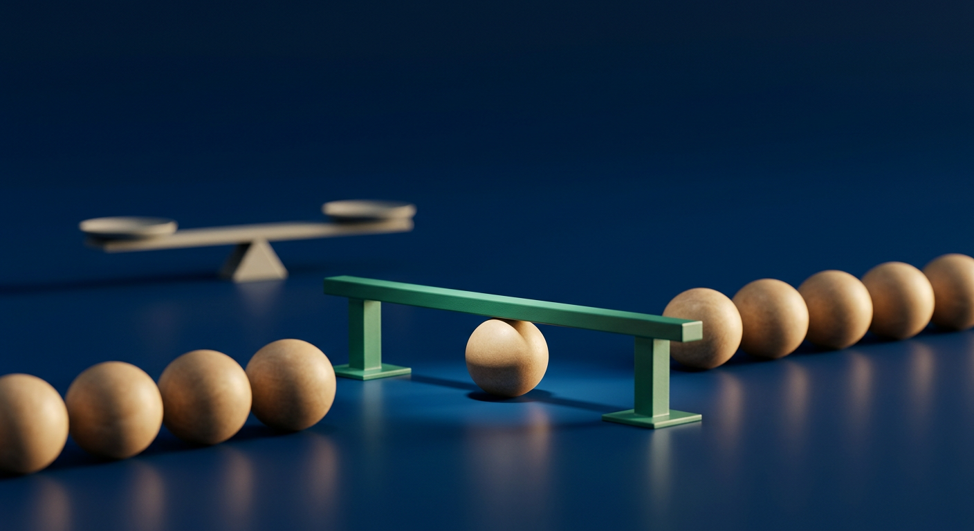 A green horizontal bar acting as a gate over sand-colored spheres on a deep blue surface, with one sphere held back, representing pass/fail deploy thresholds.