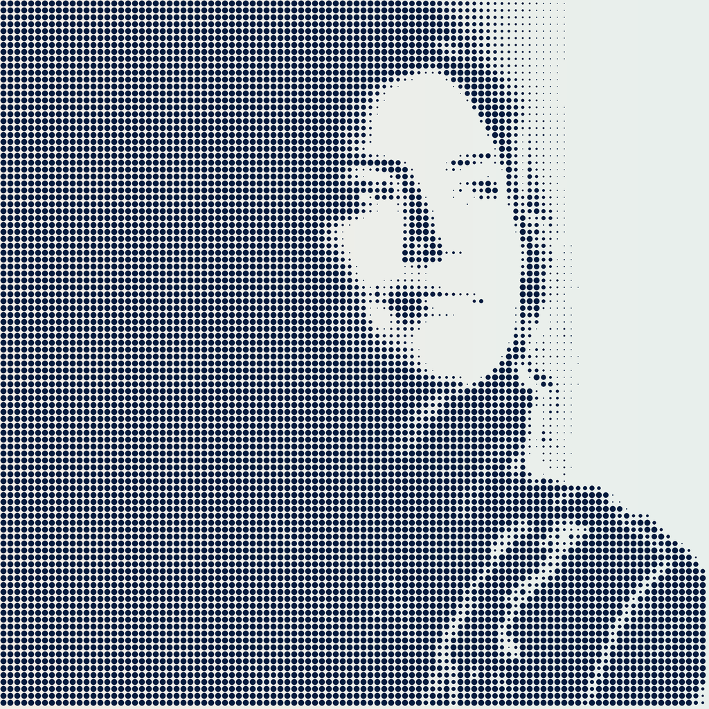 Halftone dot portrait of a person looking to the side with short hair and a jacket.