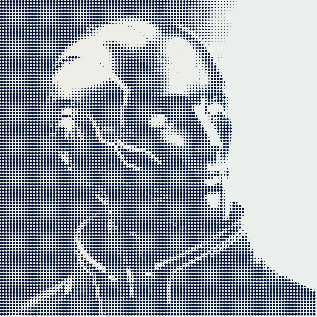 Halftone dot portrait of a person looking to the side with short hair and a jacket.