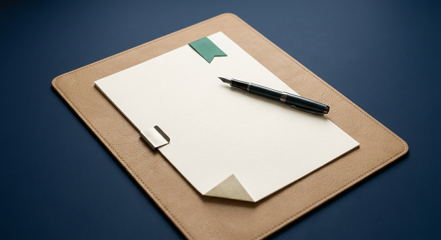 A single blank sheet of paper on a leather desk mat with a fountain pen and green tab, representing a concise one-page AI governance policy.