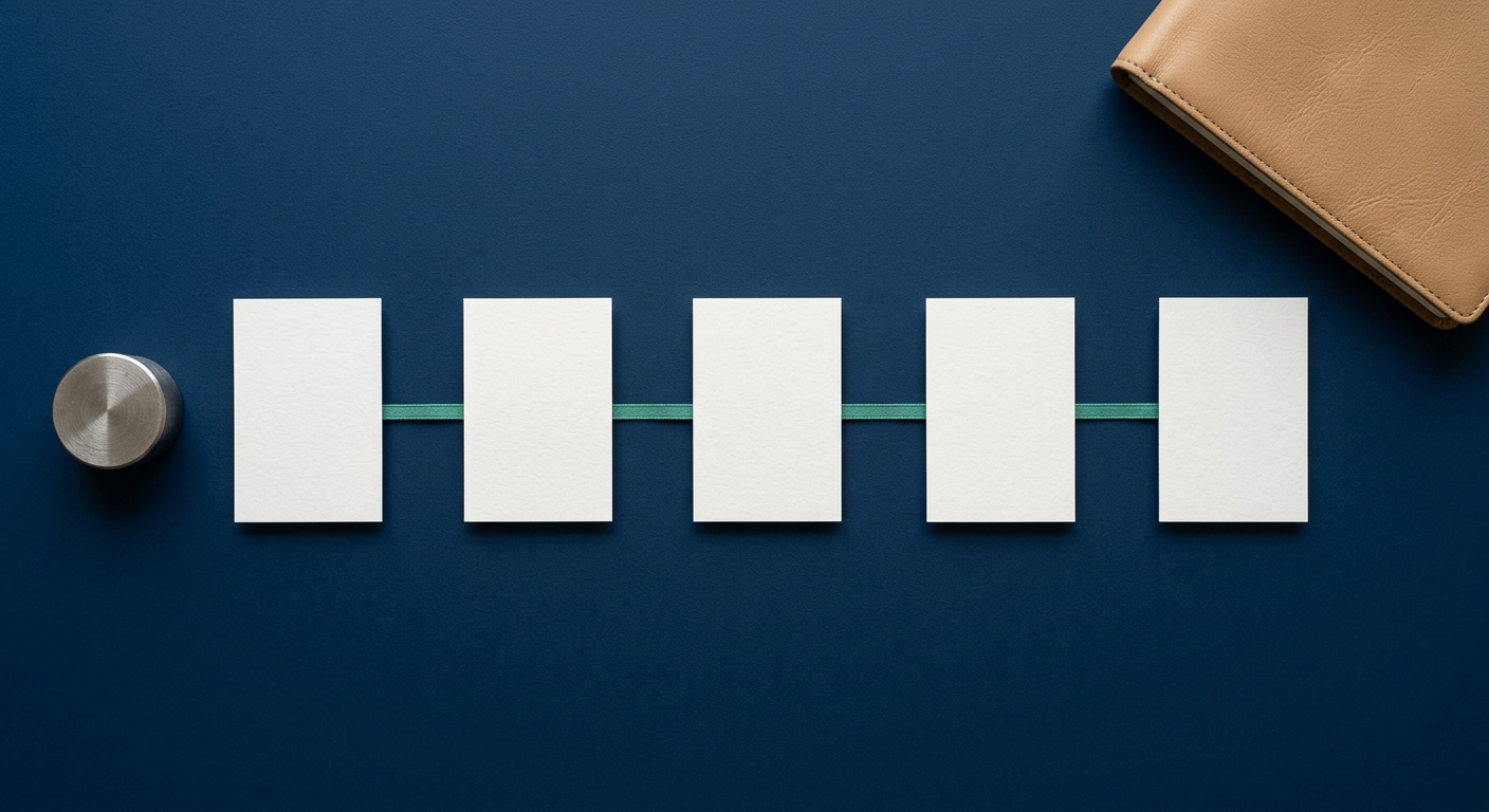 An overhead flat lay of five blank cards connected by a green line, representing a traceable log of AI prompts, inputs, outputs, review, and destination.
