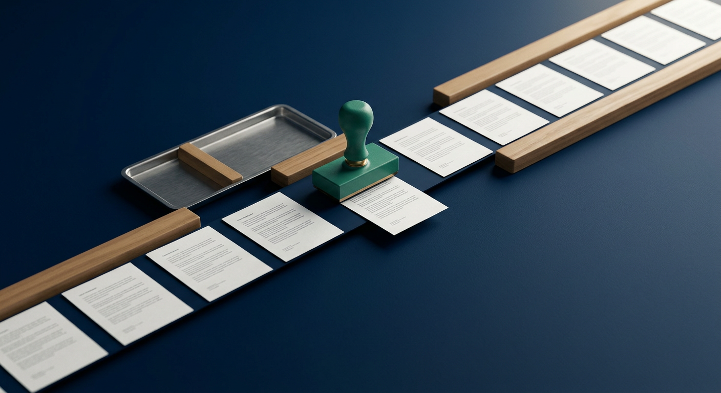 A still life of documents moving in a line with a single one lifted out by a green stamp, representing selective human review of high-impact AI outputs.