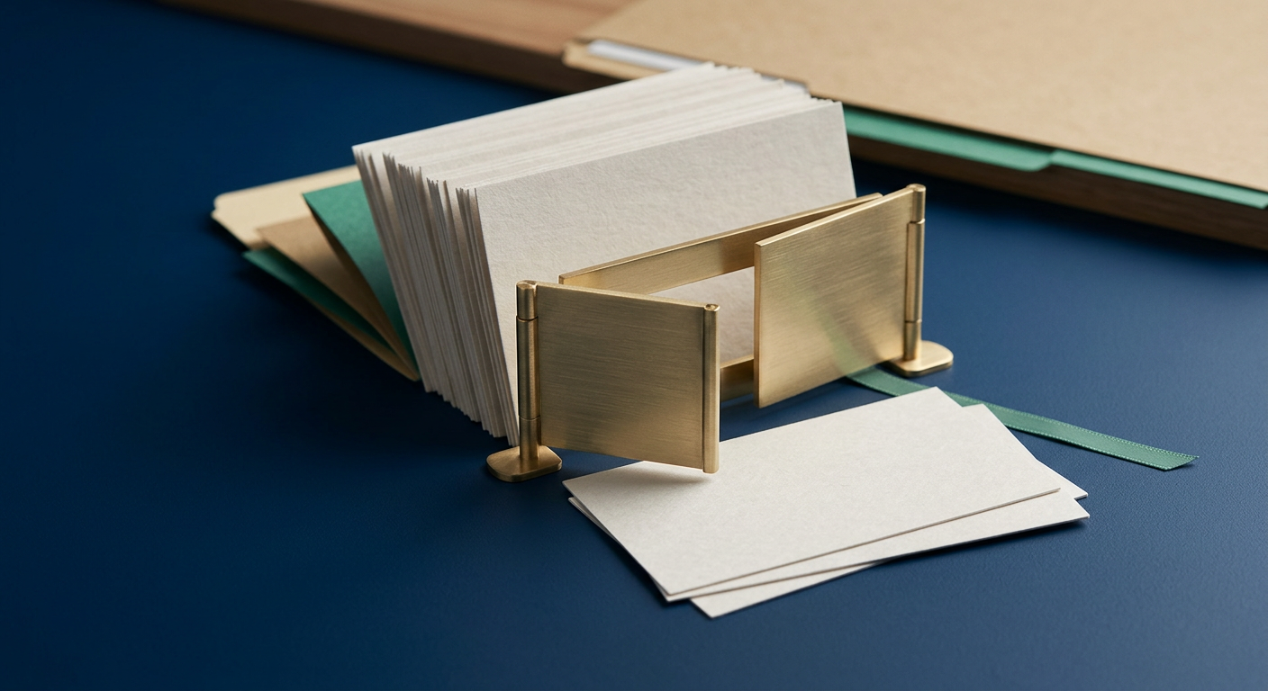 A staged still life of a small brass gate holding back a stack of paper cards while letting only a few through, representing limited AI data access.