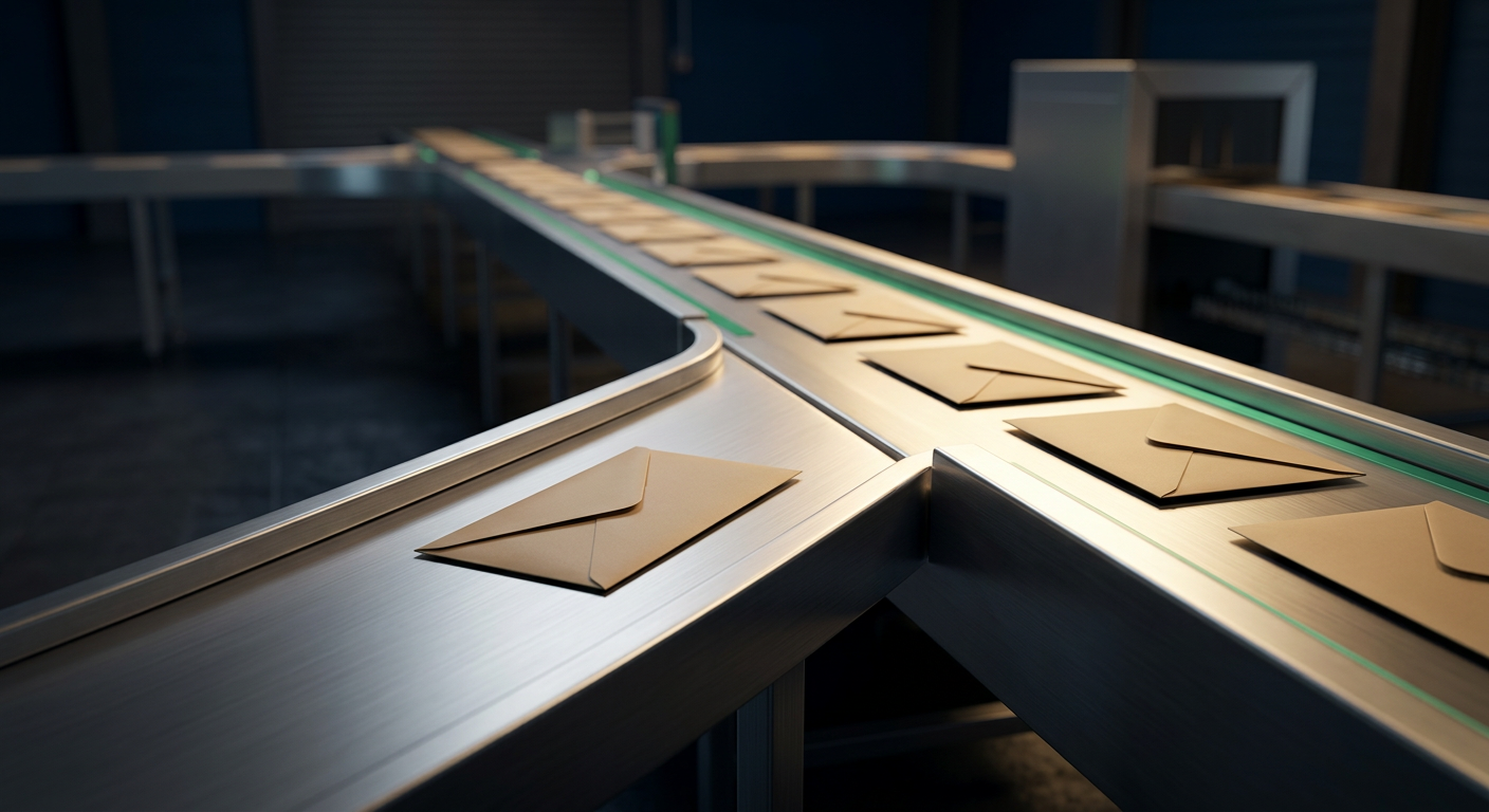 A single envelope diverging onto a separate darker path away from a stream of identical envelopes on a brightly lit main track, symbolizing a request that skipped a verification step.