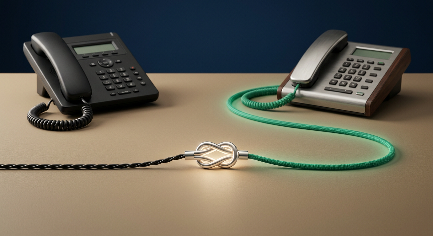 Two separate telephone handsets connected by two independent cables meeting at a central point, illustrating confirming a request through a different channel than it arrived on.