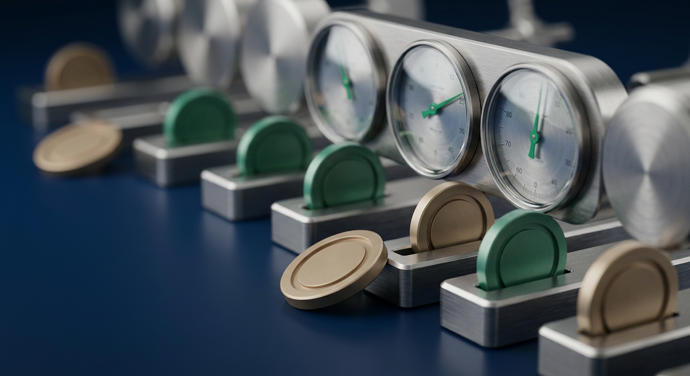 A row of measurement gauges with tokens mostly landing in correct slots and one missing, representing testing AI agent reliability across many runs.