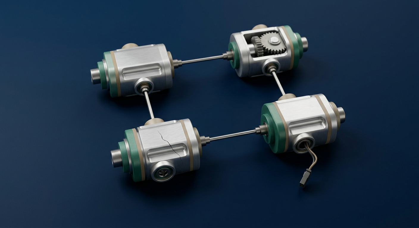 Four staged mechanical modules on a dark blue surface, three showing subtle signs of failure, representing the four AI agent breakpoints.