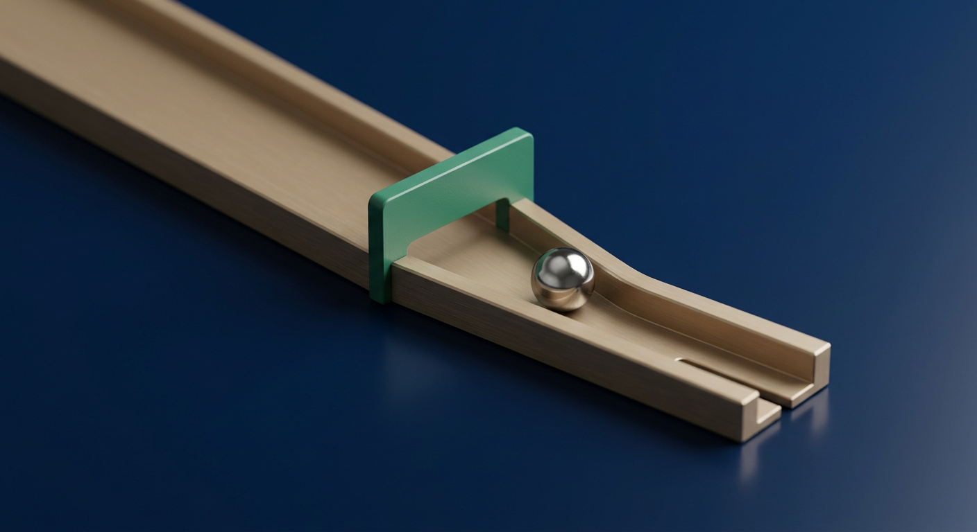 A polished sphere guided along a narrowing channel toward a green checkpoint gate, representing bounded scope and guardrails for AI agents.