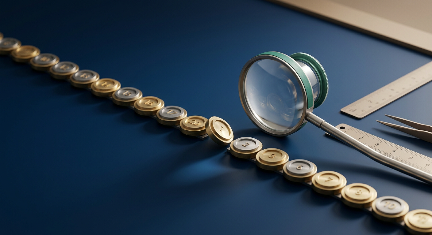 A magnifying loupe hovering over a misaligned token in a timeline of machined tokens, representing tracing an AI agent failure to one step.