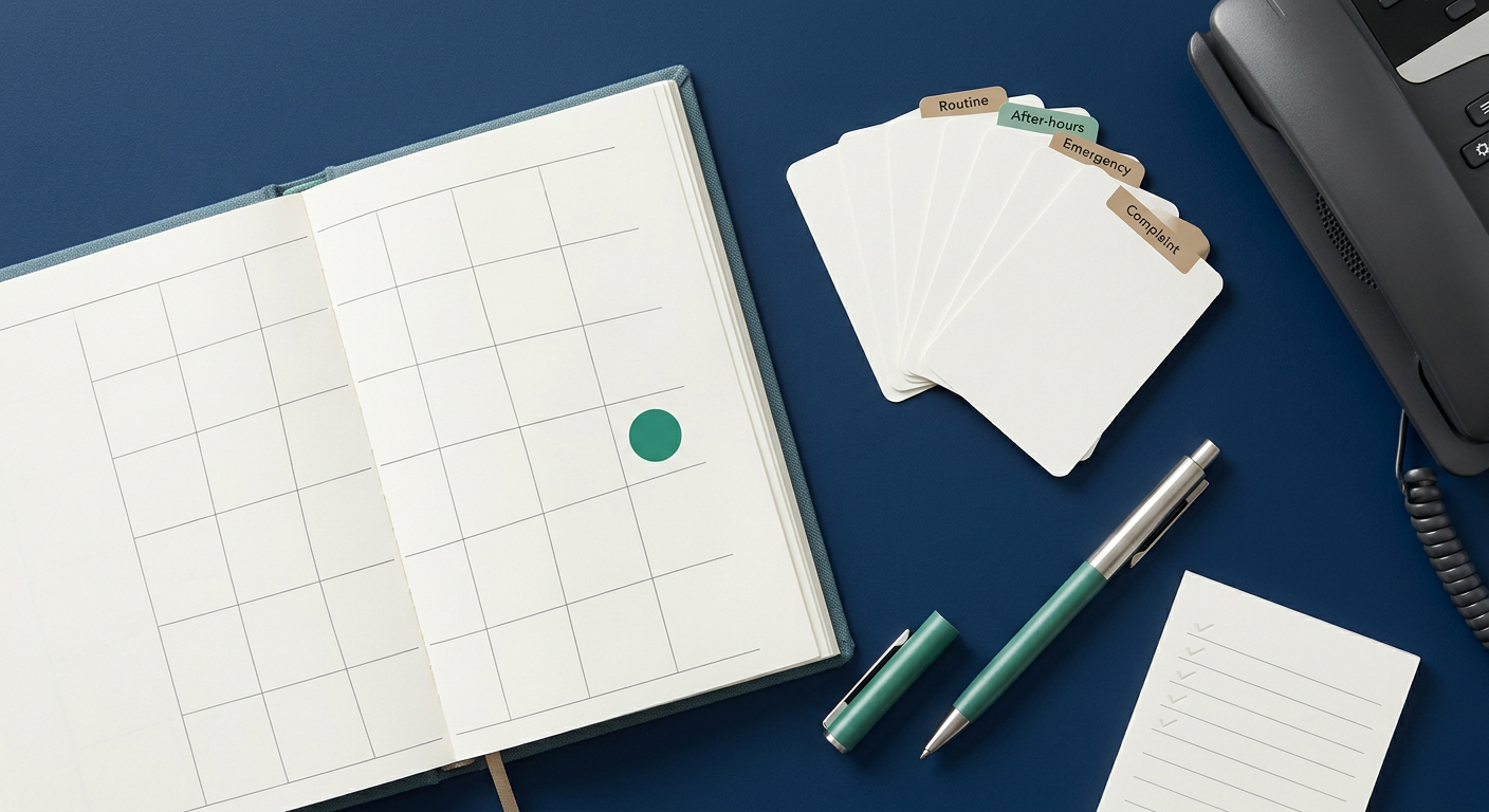 A top-down flat-lay of a weekly planner with a marked recurring review, fanned blank scenario cards, a phone handset, and a checklist pad.