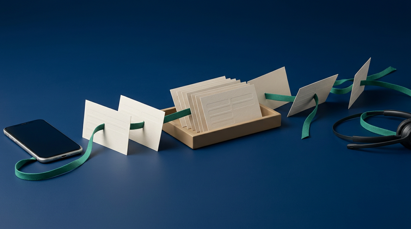 A row of blank index cards linked by a green ribbon connecting a phone to a headset, representing a clean data handoff pipeline.