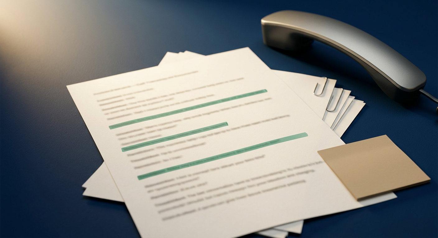 A printed call transcript on a deep blue surface with green highlighter marks and a desk phone handset off its cradle, suggesting flagged moments of drift.