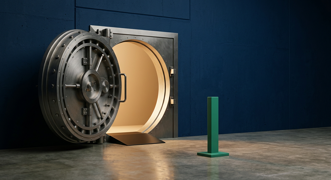 A heavy one-way vault door with a green checkpoint barrier placed in front of it, illustrating that irreversible actions need human oversight before execution.