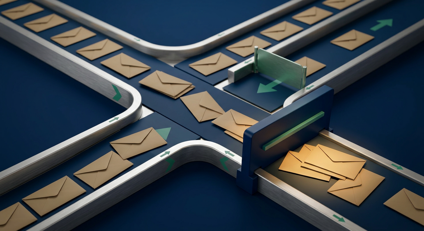 Identical envelopes on a conveyor being sorted into three lanes of increasing scrutiny, ending in a solid barrier, symbolizing risk-tiered review checkpoints.
