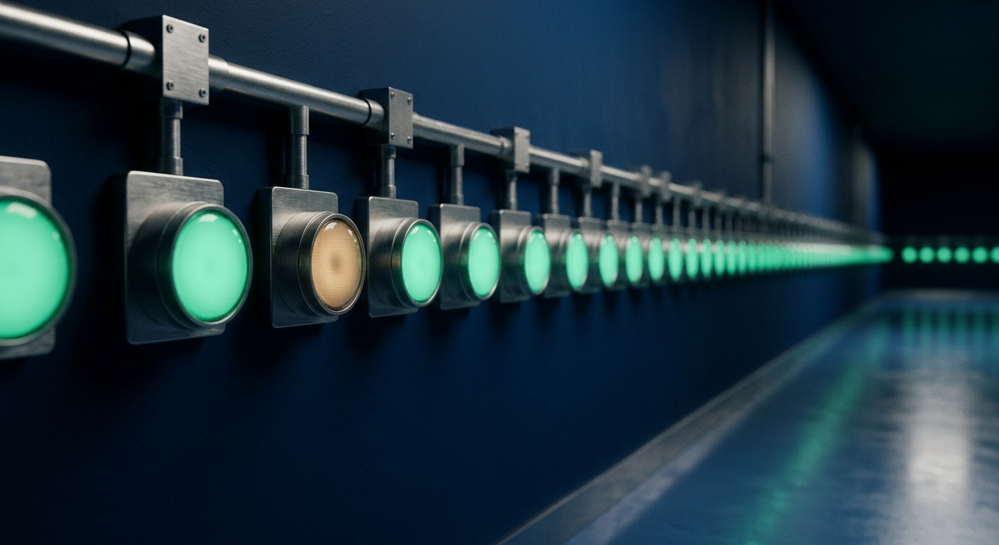 A long row of identical green approval lights receding into a dark blue corridor, with one lamp beginning to flicker amber, symbolizing hidden failures behind a perfect dashboard.