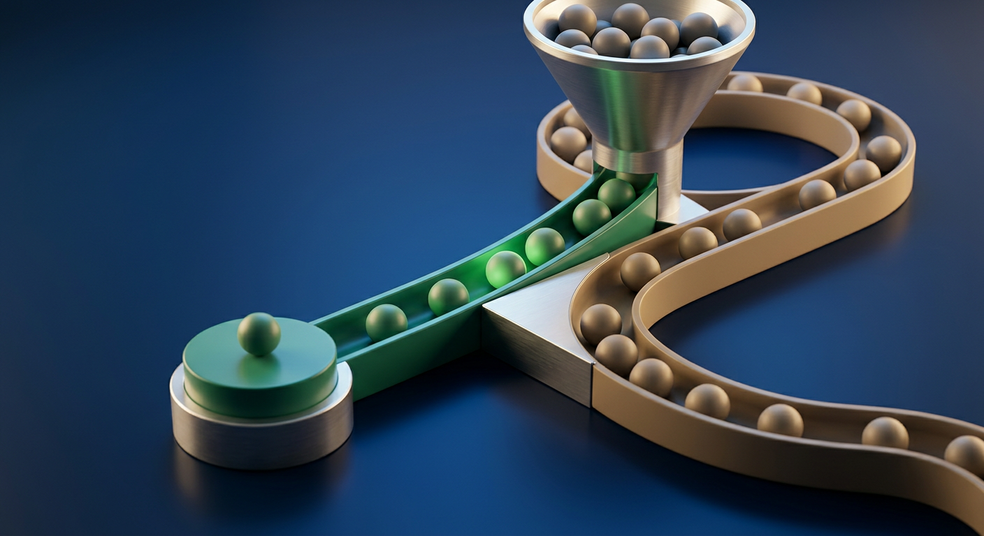 A sorting funnel splitting uniform spheres into two channels, one leading to a raised pedestal, symbolizing smart lead routing.