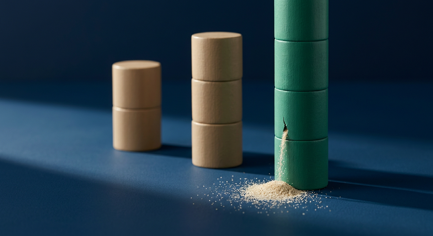 Three column indicators on a dark surface, one green column leaking sand from a crack, symbolizing an overlooked metric leaking ROI.