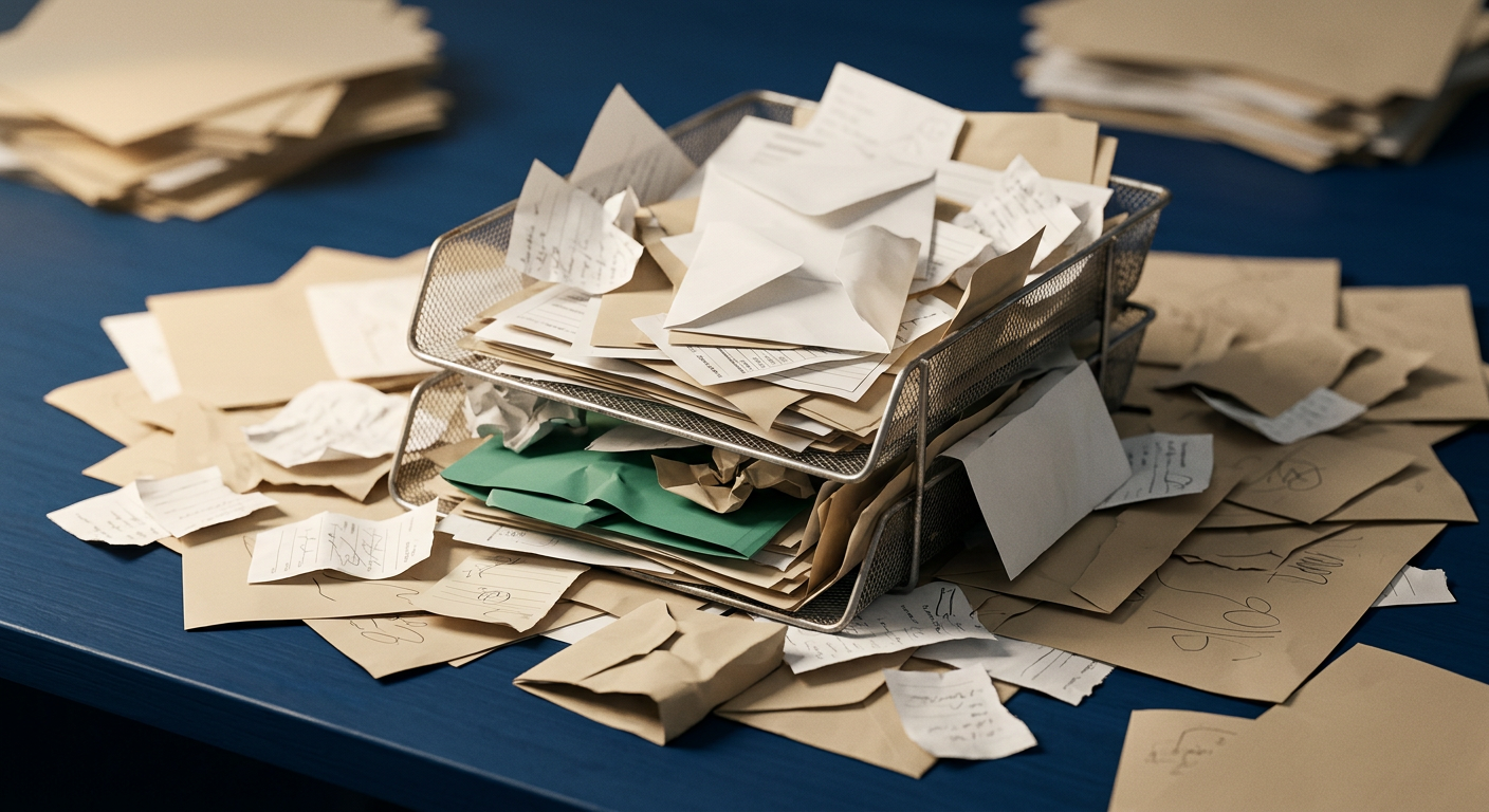An overflowing desk inbox tray spilling crumpled and blank paper slips, symbolizing unfiltered leads creating busywork.