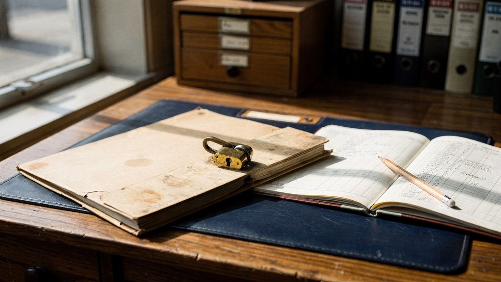 A manila personnel folder locked with a small brass padlock rests on a bookkeeper's wooden desk beside an open ledger in morning light.
