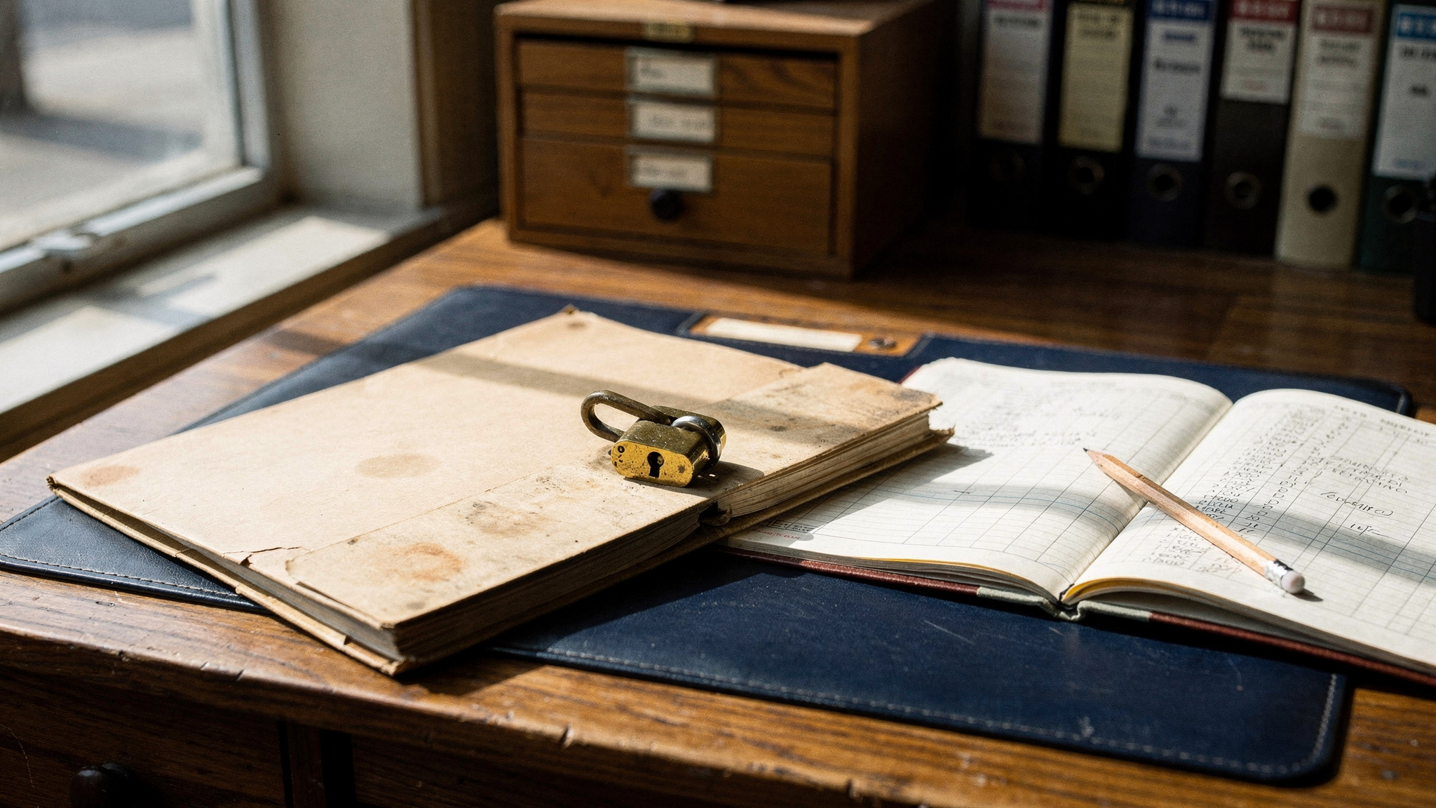 A manila personnel folder locked with a small brass padlock rests on a bookkeeper's wooden desk beside an open ledger in morning light.