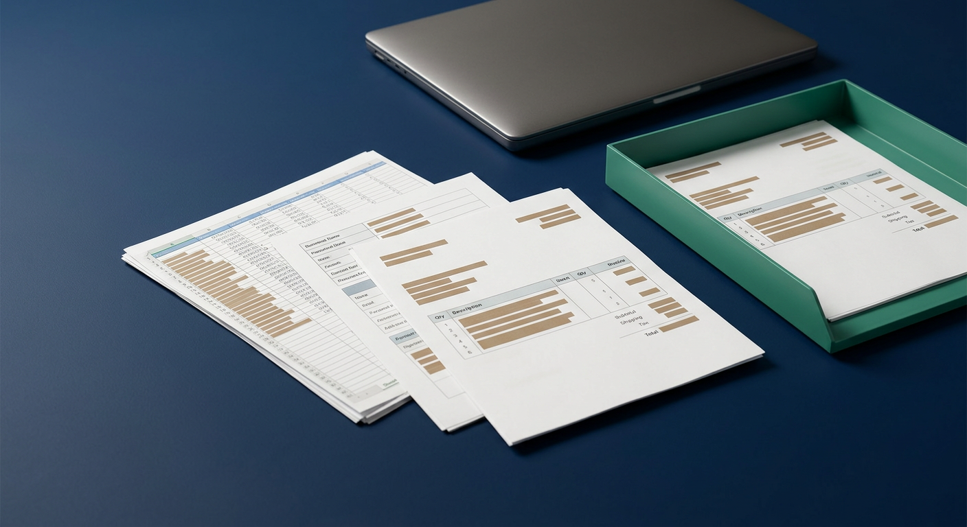 Business documents with sand-colored redaction strips covering sensitive fields, arranged near a closed laptop on a deep blue surface, illustrating input restriction before AI access.