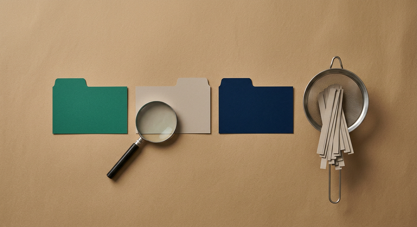 Flat lay of three color-coded decision cards, a small filter with document strips passing through, and a magnifying glass, representing an AI data-sharing decision lens.