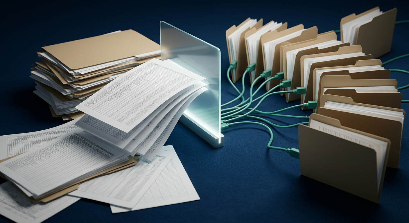 Overflowing stack of unredacted documents and folders connected by tangled cables to a glowing AI device, illustrating uncontrolled sensitive data exposure.