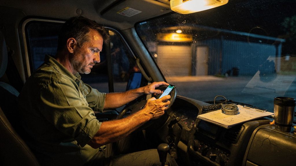 A contractor sits in his van cab after dark, lit by the dome light and his phone, with his closed shop dark behind him.