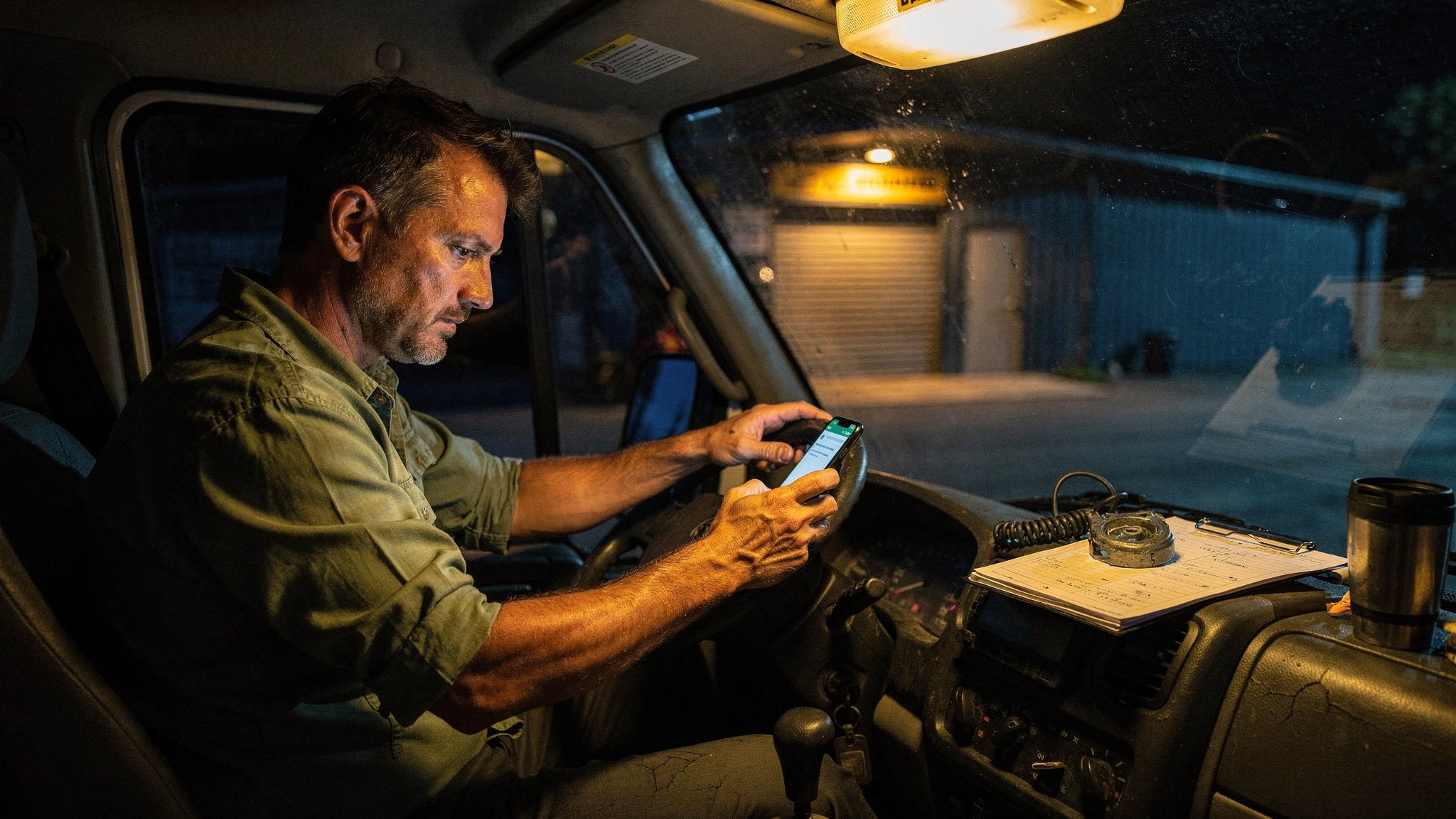 A contractor sits in his van cab after dark, lit by the dome light and his phone, with his closed shop dark behind him.