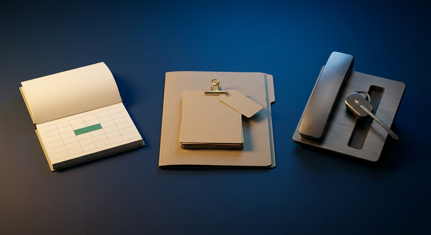 Three arranged objects representing outcomes — a booking calendar, a captured lead note card, and a lifted phone headset — on a dark blue surface.