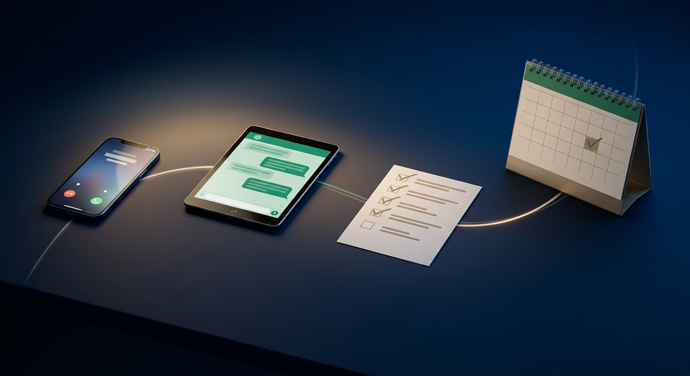 A staged sequence of objects — smartphone, chat screen, checklist card, and calendar — arranged as a tested end-to-end call path on a dark surface.