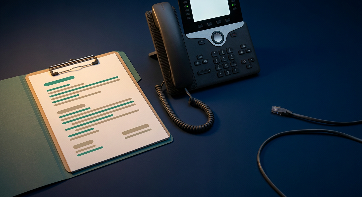 An organized handoff clipboard with a lead-detail note card beside a ready desk phone, contrasted with a disconnected phone cable, on a dark surface.