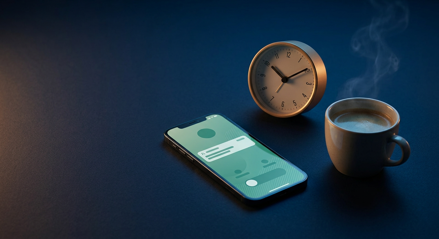 A glowing smartphone with a missed-call notification beside a late-evening desk clock and a cooling cup of coffee on a dark surface.