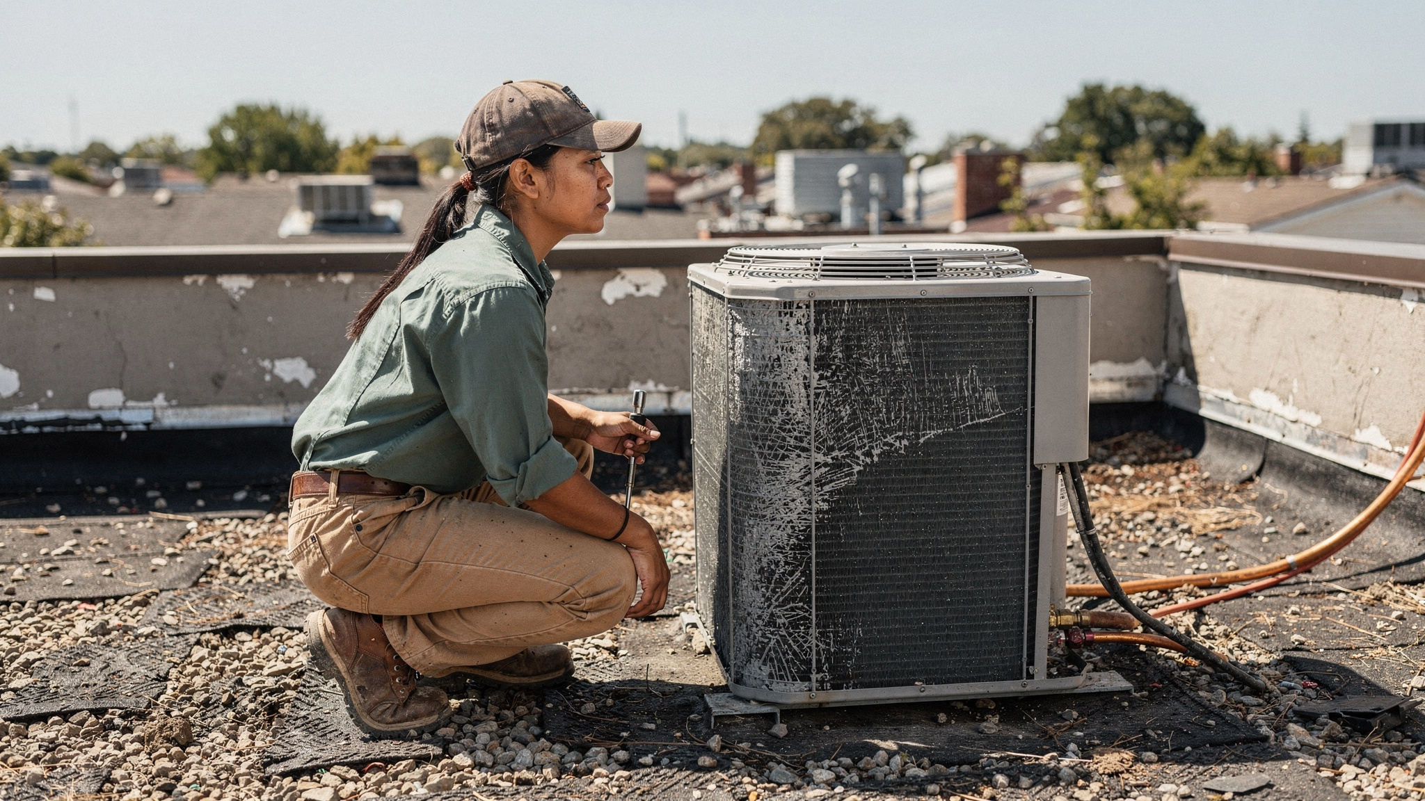 A Latino plumber in a green work shirt kneels to repair pipes under a kitchen sink while a landline rings on the counter.