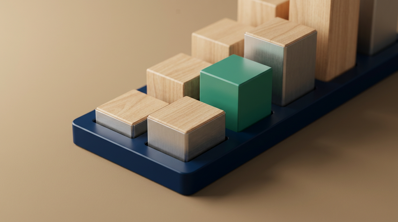 Five modular blocks of graduated heights slotting into a tray, with one green keystone piece, symbolizing a prompt framework template.