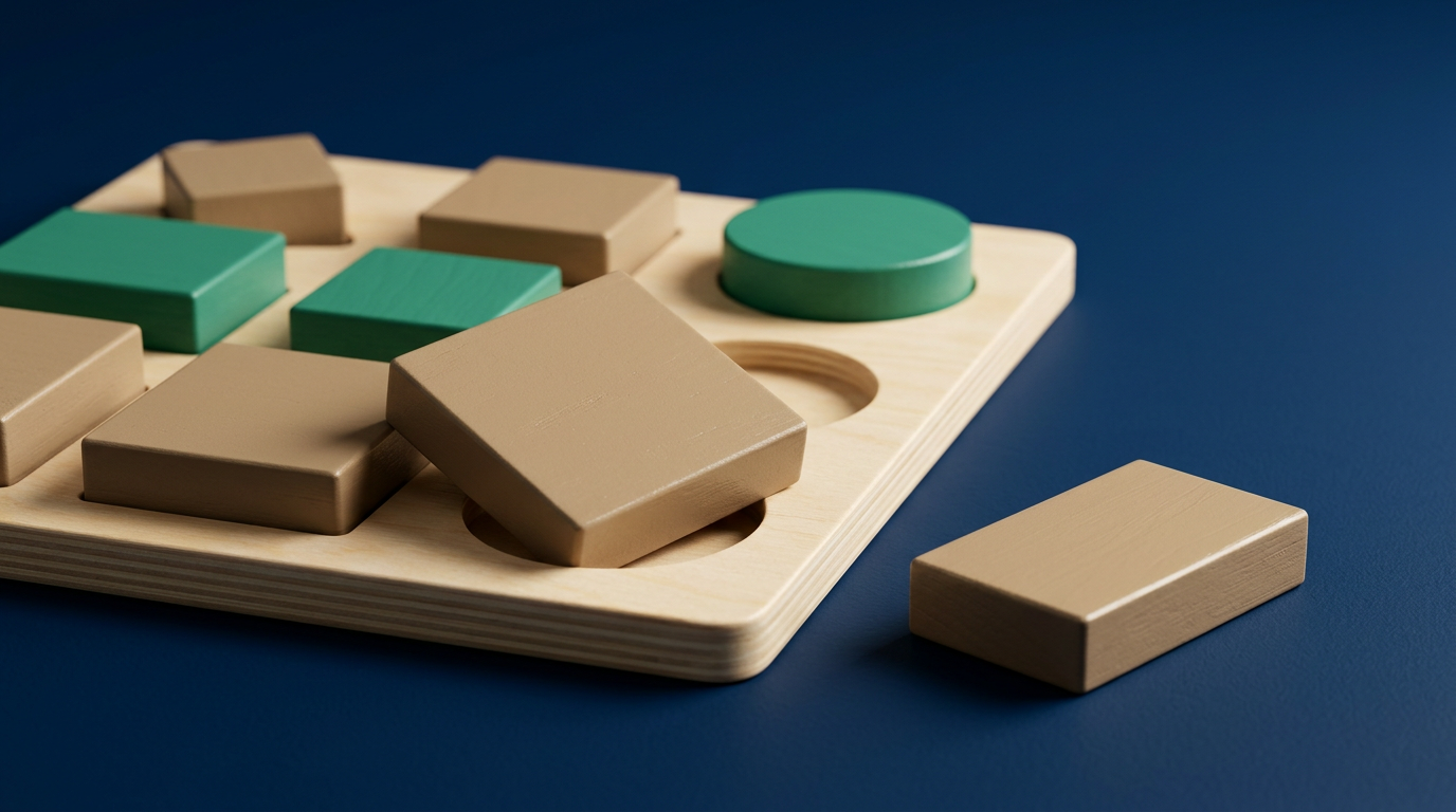 A wooden shape-sorter board with mismatched pieces that don't fit their slots, representing the cost of choosing the wrong framework.