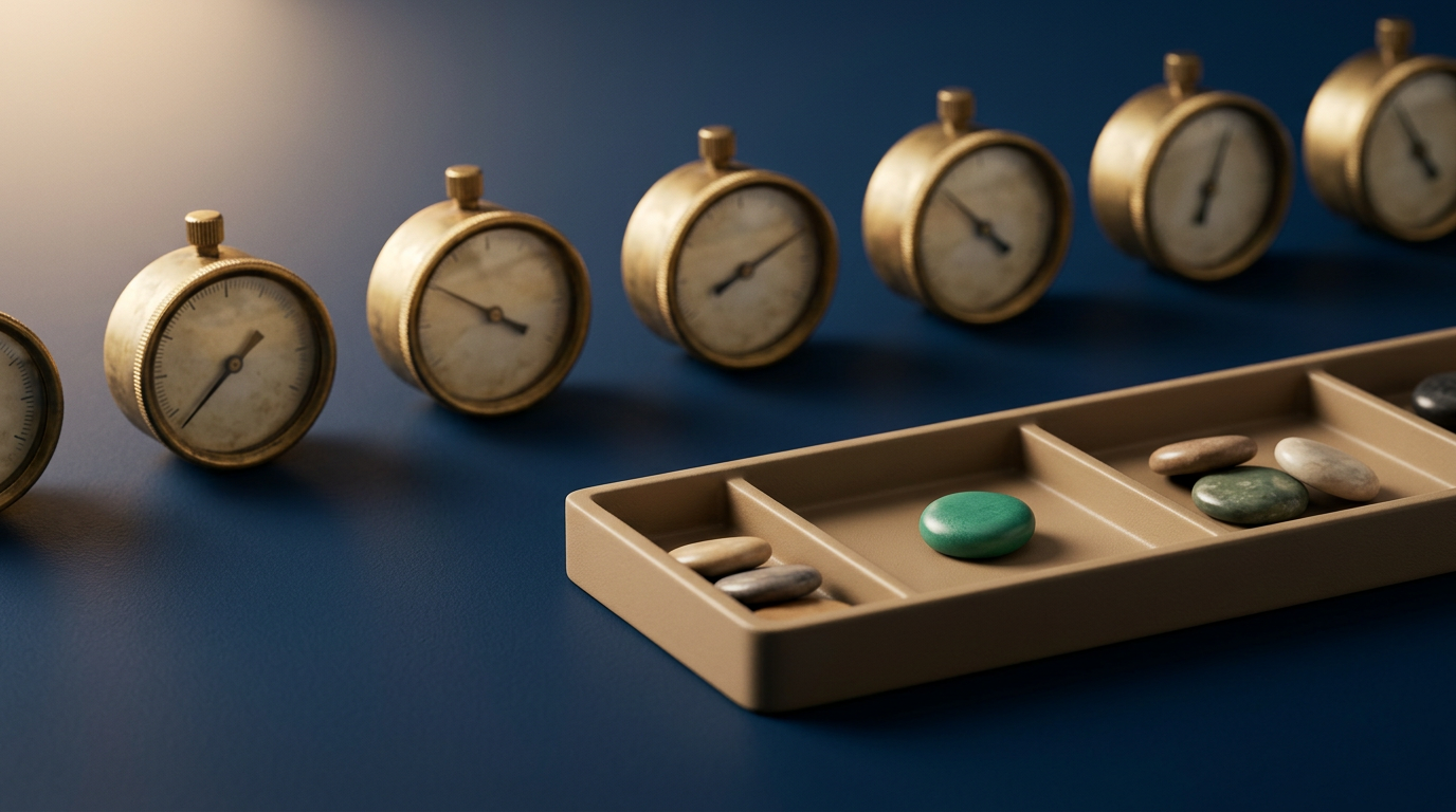 Row of brass dial gauges beside a sorting tray with one green token set apart, representing choosing a framework by output risk.