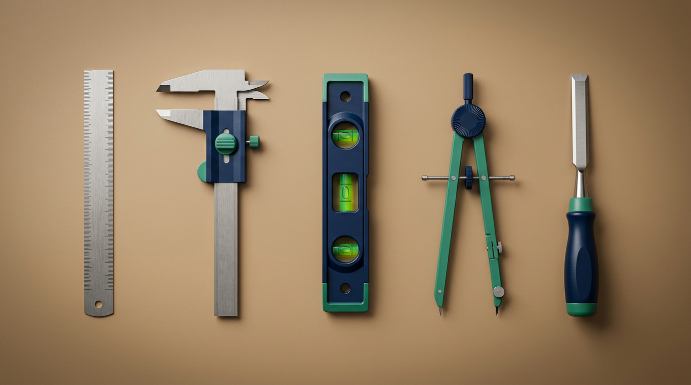 Five different precision hand tools laid out in a neat row on a workbench, representing a menu of five prompt frameworks.