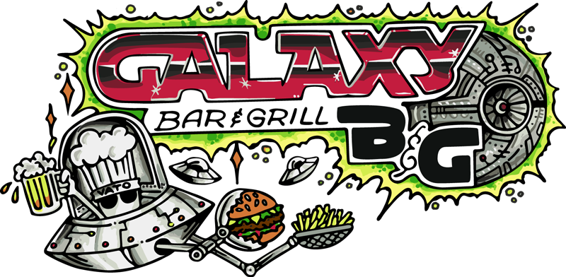 Illustrated logo for Galaxy Bar & Grill featuring a space chef holding a beer and serving a burger with fries from a spaceship, with UFOs and a space station background.
