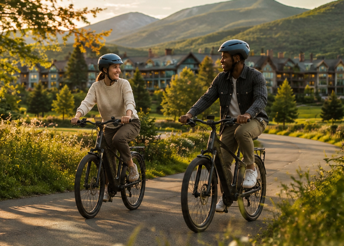 Two cyclists riding bikes at a mountain resort