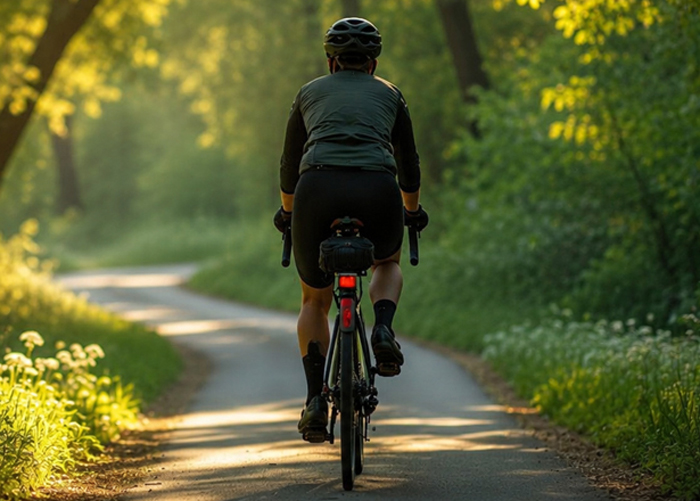 Cyclist riding on a quiet wooded road
