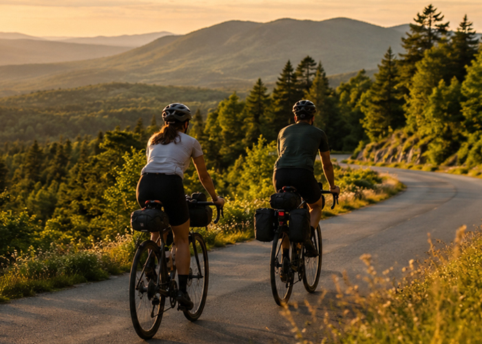Two cyclists on a multi-day bike tour through the mountains
