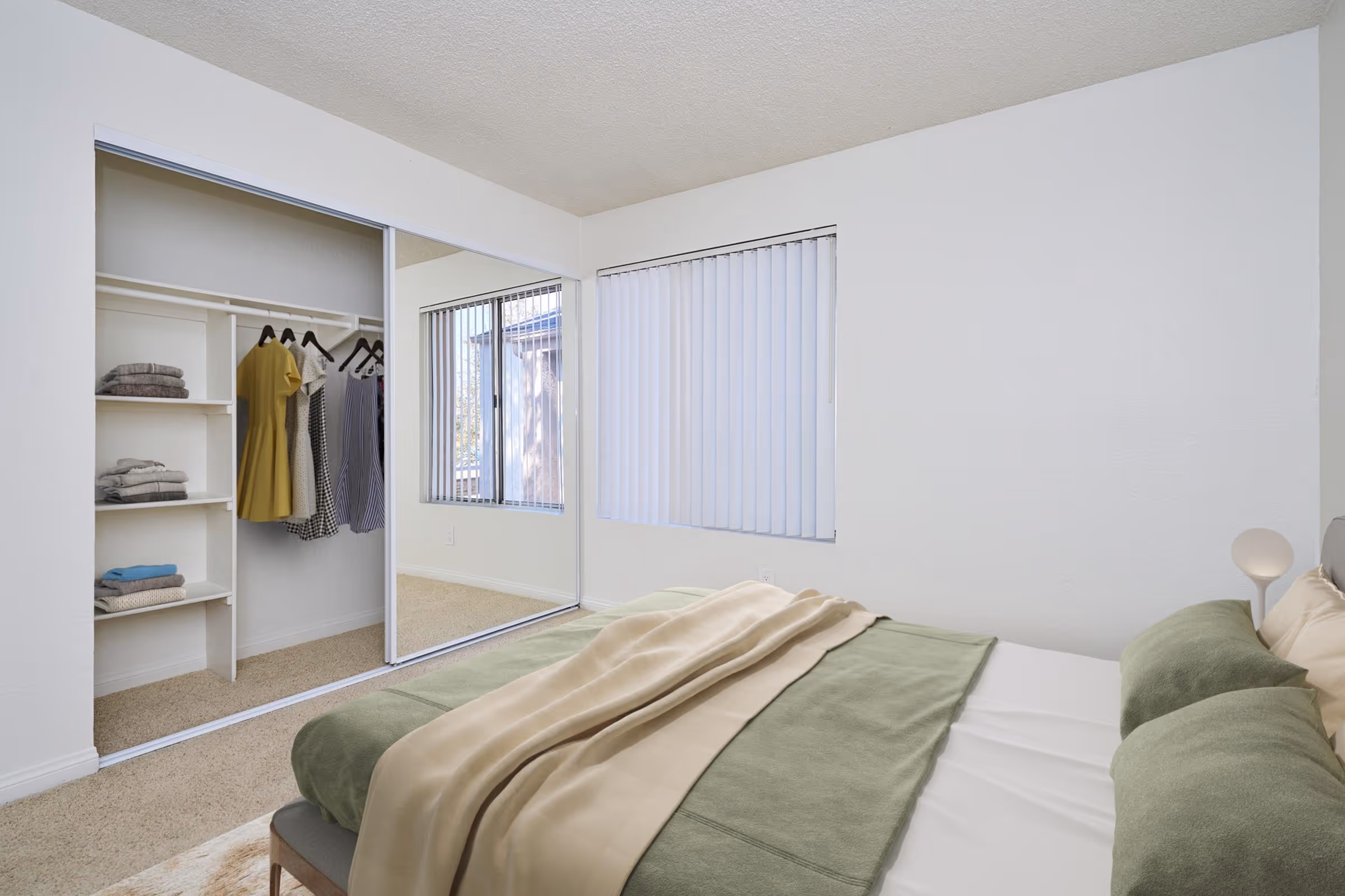 Virtually staged bedroom featuring bed, and closet