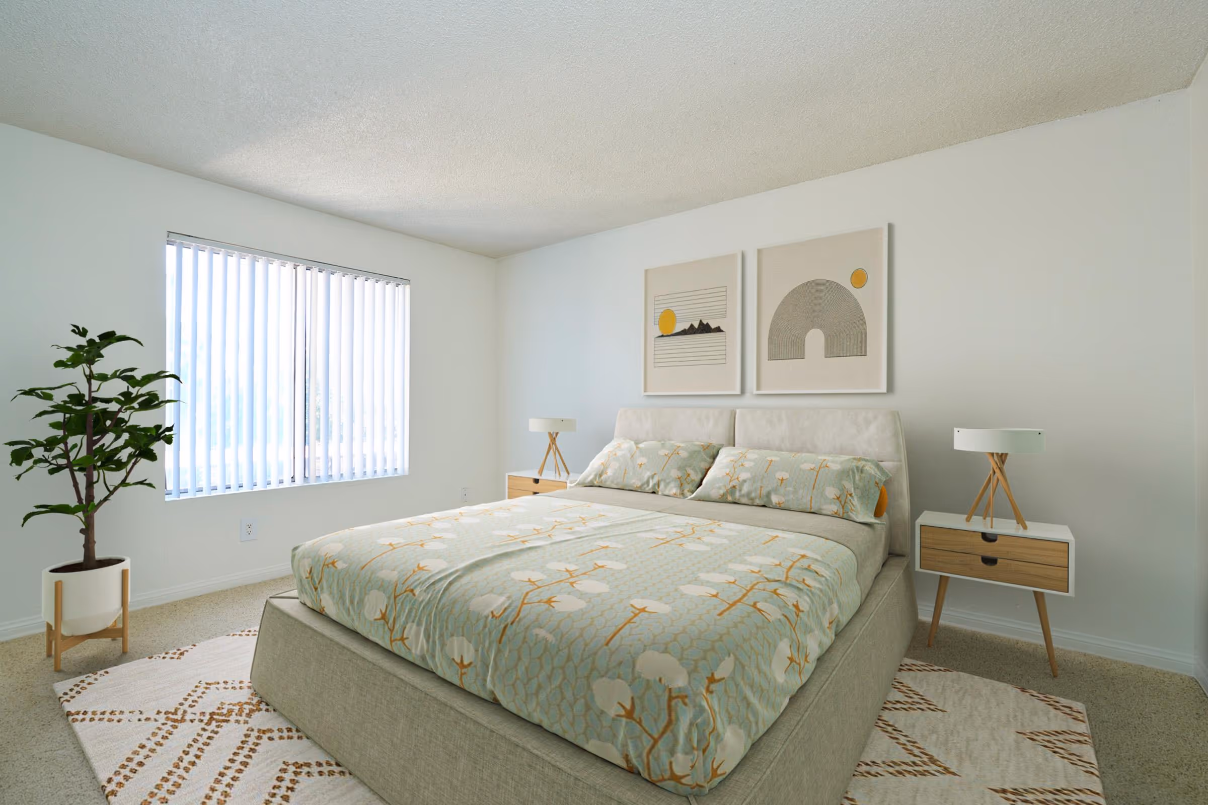 Virtually staged bedroom featuring bed, wall art, rug, and bedside tables